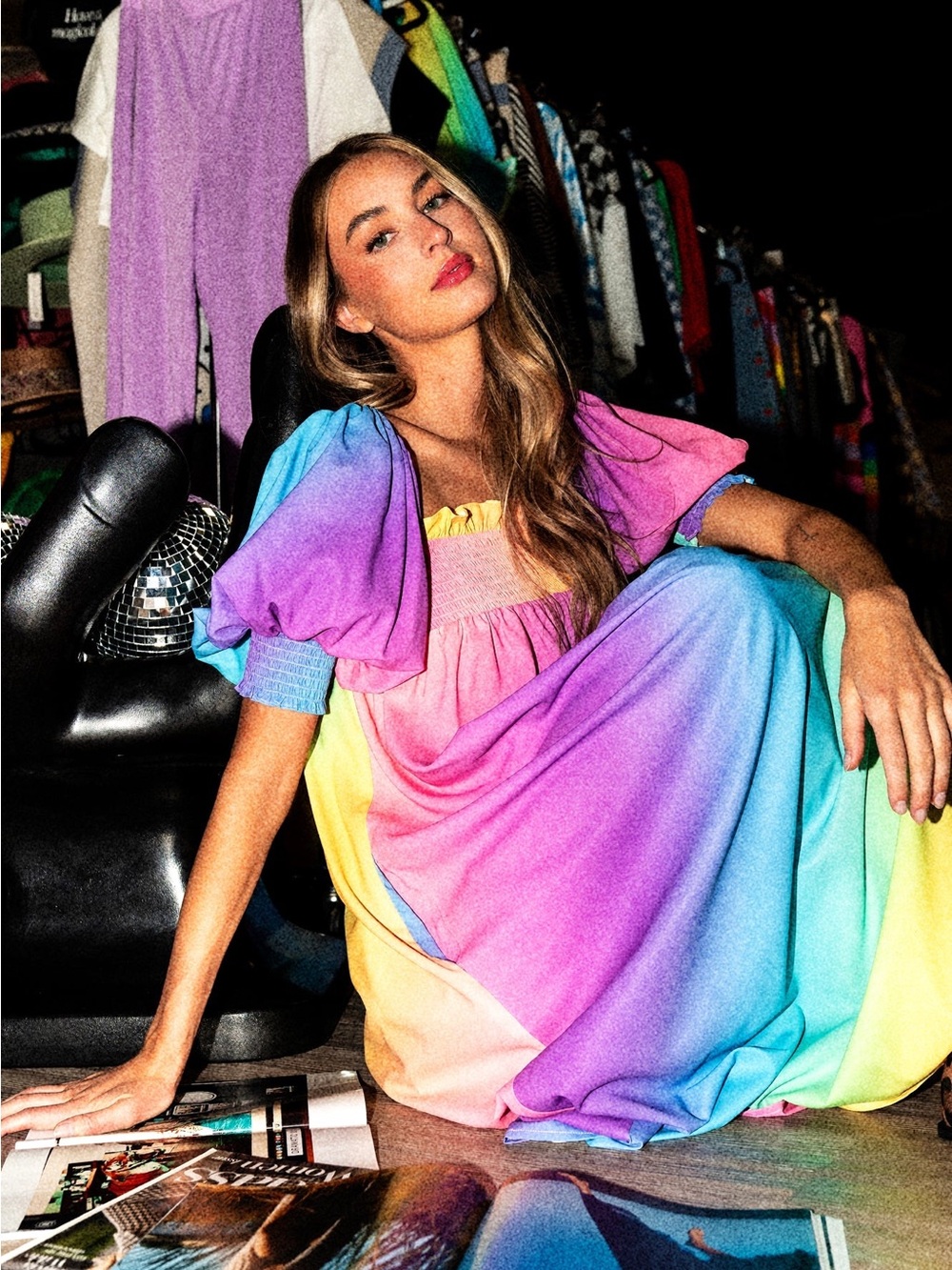 Dressed in LALA Palm Springs Smocked Dress in Rainbow Daydream - S